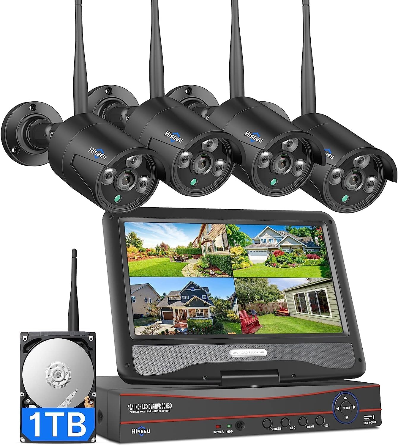 Hiseeu Home Security Camera System, 24/7 Recording Wired Plug-in Powered 4Pcs 5MP Outdoor Cameras, 10.1' LCD 16CH 8MP NVR&Monitor, One-Way Audio, Motion Detection, 1TB HDD, 2.4G/5G Wireless WiFi Pro