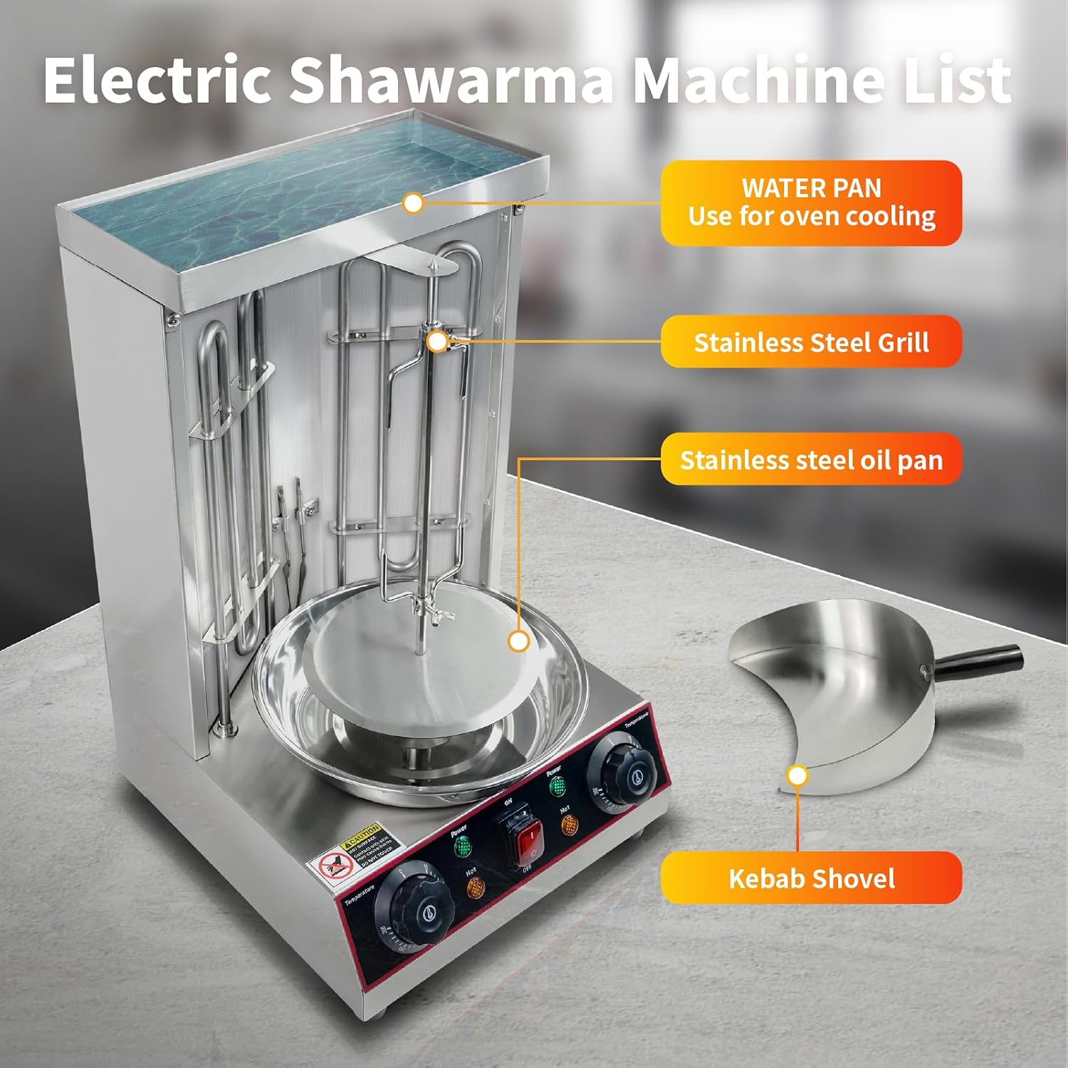 Shawarma Grill Machine, Electric Vertical Rotisserie with 2 Burners, Rotating Chicken Rotisserie Machine Broiler Gyro with Shovel