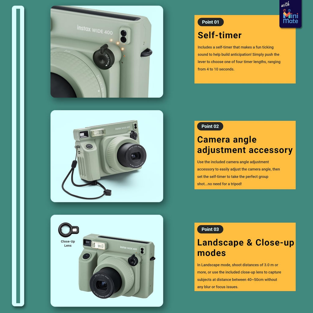 Fujifilm INSTAX Wide 400 Instant Camera Green + MiniMate Accessory Bundle & Compatible Custom Case + Fuji Film Value Pack 20 Sheets Accessories Bundle with Album