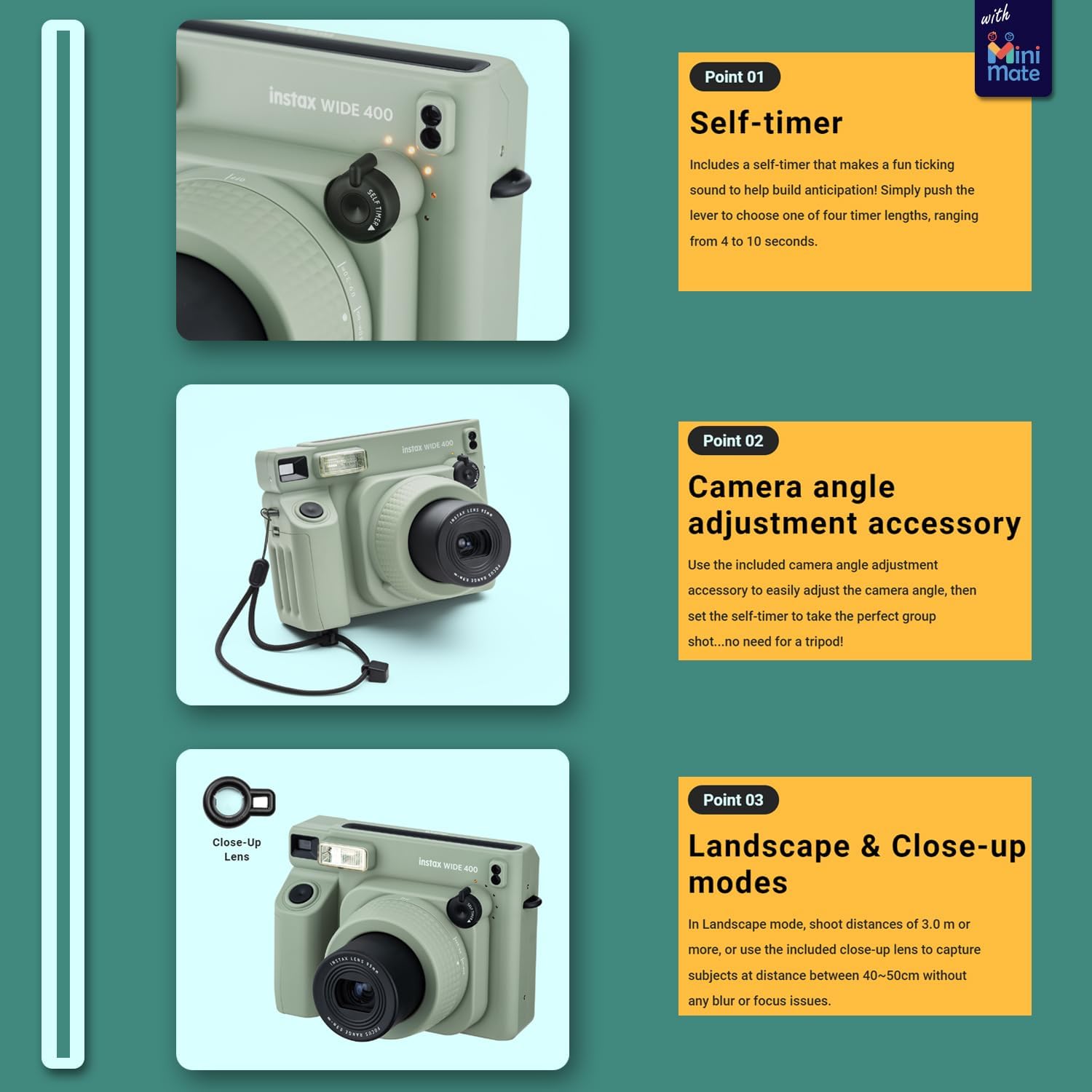 Fujifilm INSTAX Wide 400 Instant Camera Green + MiniMate Accessory Bundle & Compatible Custom Case + Fuji Film Value Pack 20 Sheets Accessories Bundle with Album