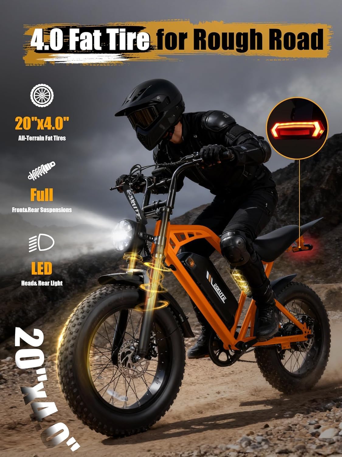 ESKUTE V200 Electric Dirt Bike for Adults,52V20.8Ah Battery,20' x4.0 Fat Tire,32MPH,NFC Unlock Color Display,7-Speed Dual Suspension,Dirt E-Bike,80 Miles, Streamlined Frame, E-Bike for Youth & Adults