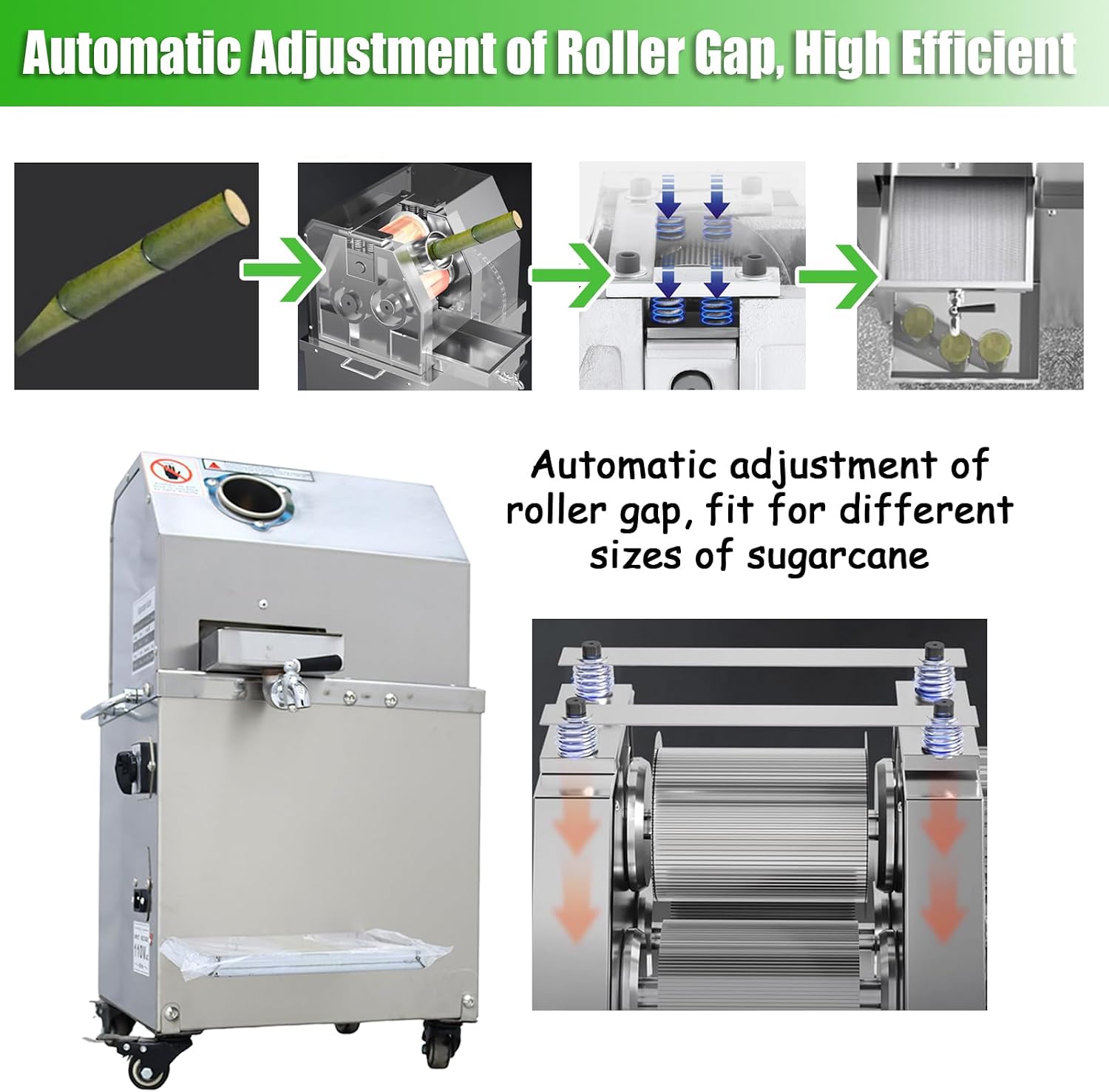 INTBUYING Electric Sugarcane Juicer 800W Sugar Cane Press Machine with 3 Stainless Steel Rollers 660LB/H Output 2.4' Inlet Sugarcane Juice Extractor Squeezer with Brake wheels for Commercial Home