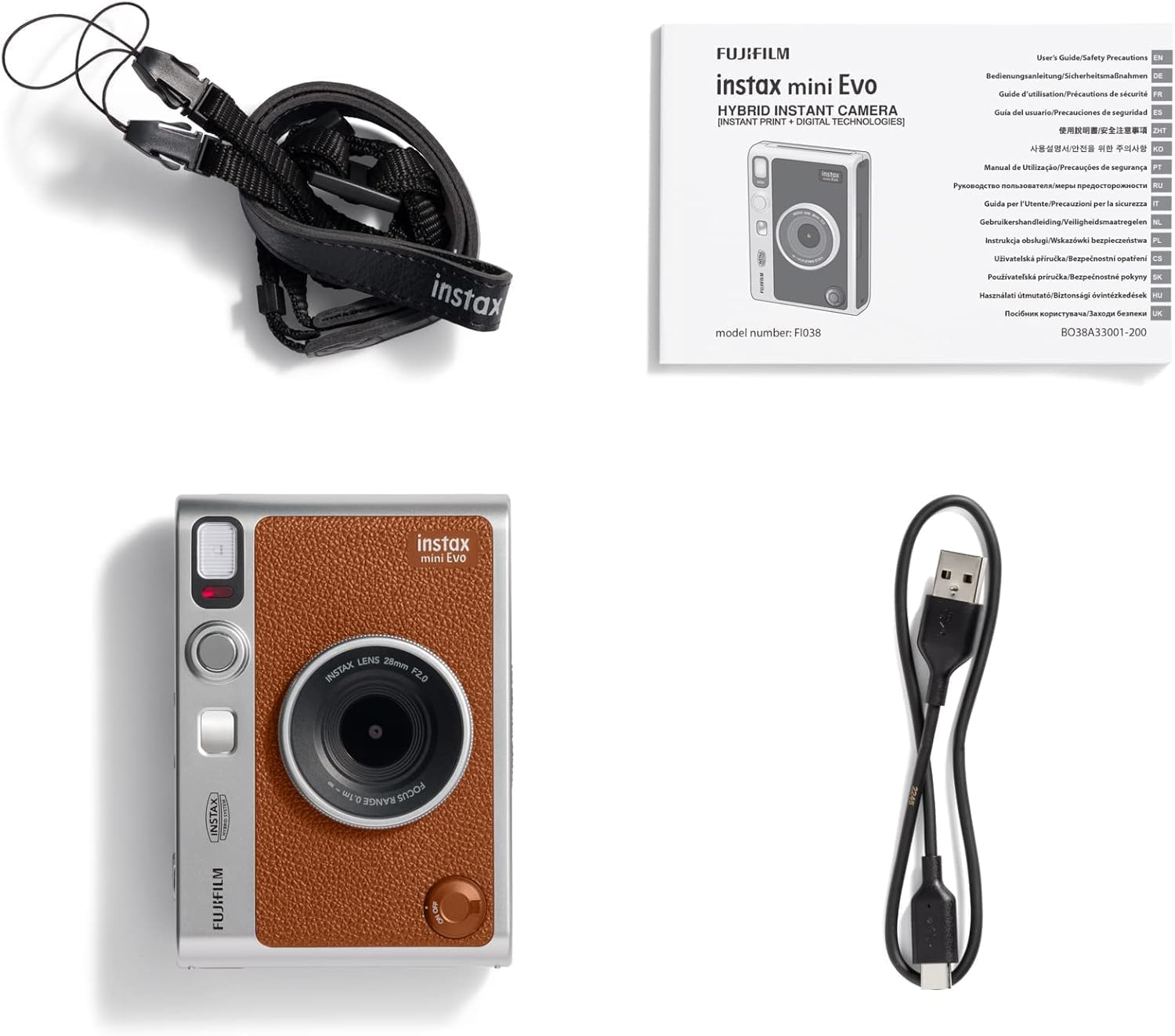 Fujifilm Instax Mini EVO Instant Camera with Sunshine Photo Microfiber Cleaning Cloth (Camera + 1 Twin & 1 Candy Pop, Brown)