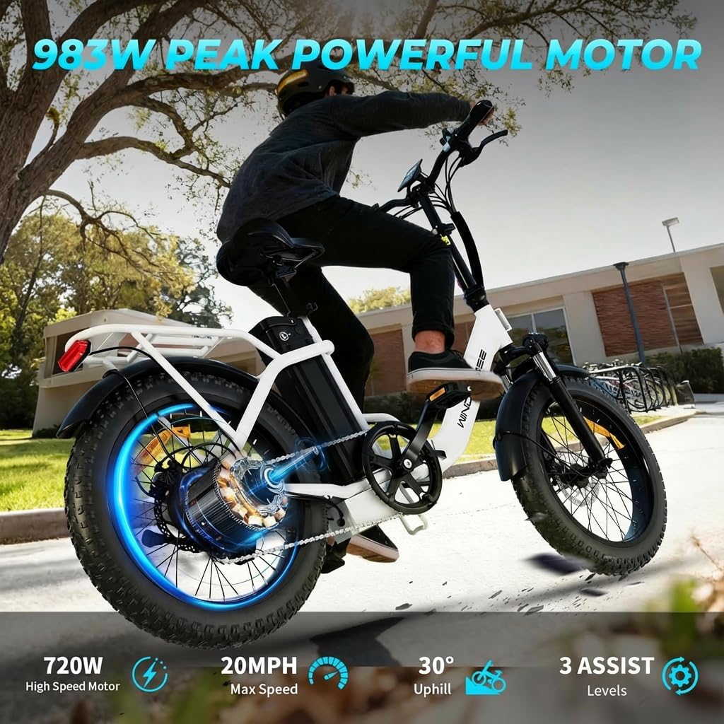 WINDHORSE 20' Folding Electric Bike, 983W Peak Motor, 20MPH, 40–70 Miles, 48V 748.8Wh Removable UL Battery, Front Suspension, Fat Tire E-Bike for Commuting, Beach, All -Terrain | Adults & Teens