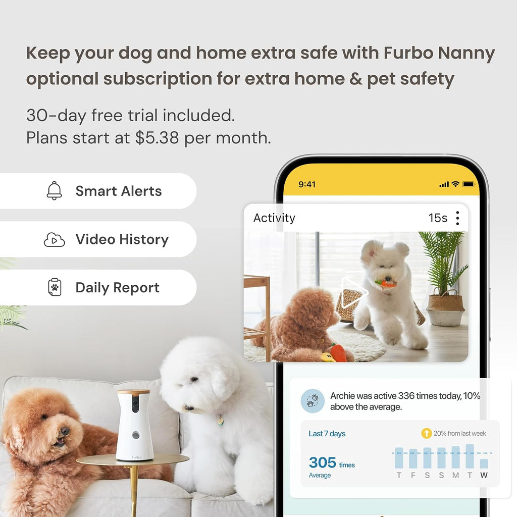 Furbo 360° Dog Camera: Pet Security Cam w/Barking Alerts, Rotating View, Treat Toss w/Phone App, Smart Home Puppy Monitoring, 2-Way Speaker, No Subscription Needed. Standard See, Talk, & Toss Features
