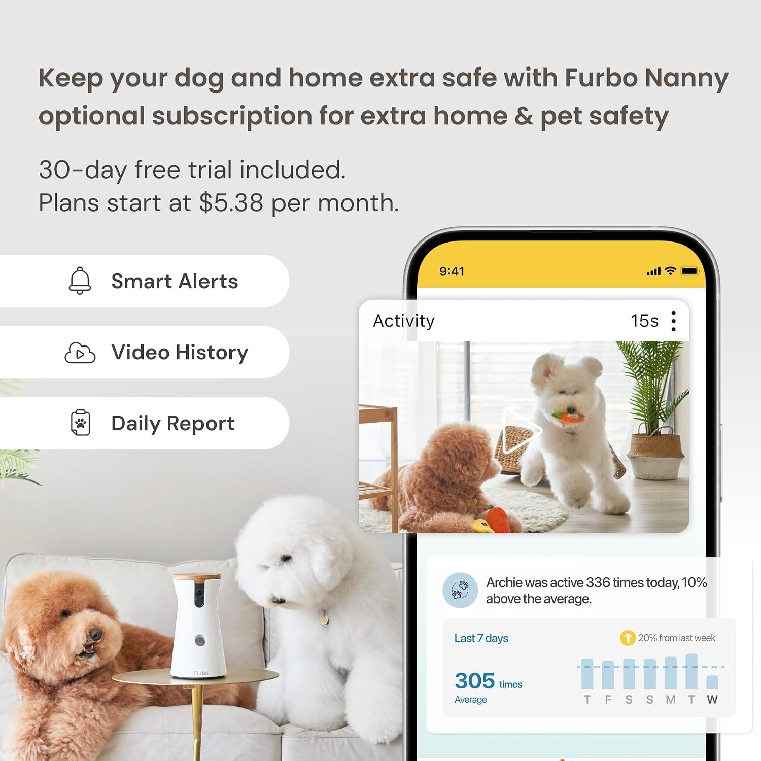 Furbo 360° Dog Camera: Pet Security Cam w/Barking Alerts, Rotating View, Treat Toss w/Phone App, Smart Home Puppy Monitoring, 2-Way Speaker, No Subscription Needed. Standard See, Talk, & Toss Features