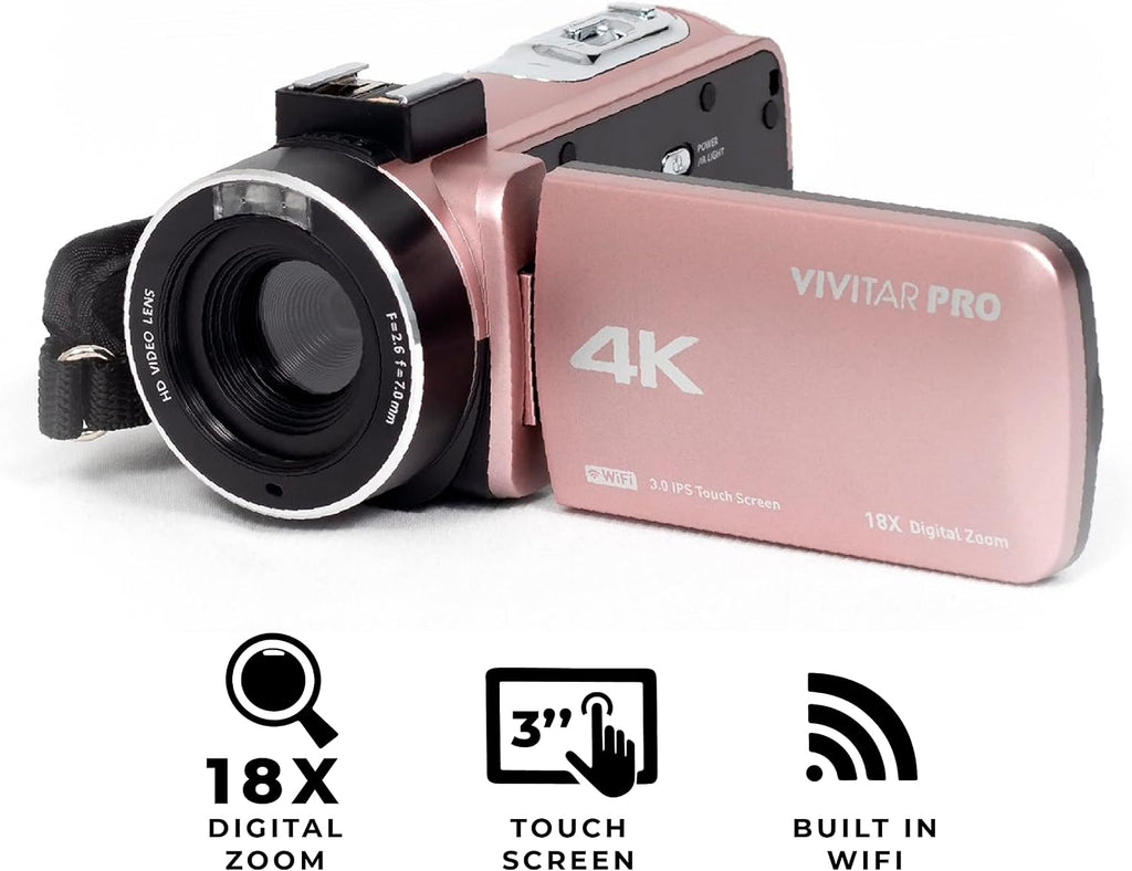 Vivitar 4K Video Camera, Wi-Fi Ultra HD Camcorder with 18x Digital Zoom, 3' IPS Touchscreen Video Recorder with Night Vision, Vlogging Camera with 3.5mm Microphone Jack, Rechargeable, SD Card Slot