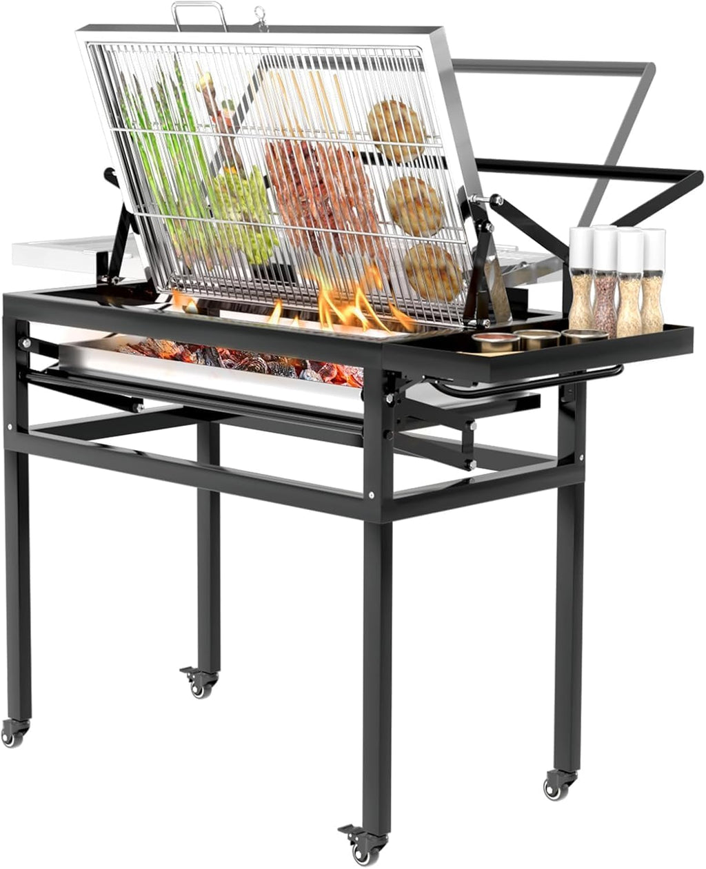 Rotating Grill, BBQ Charcoal Grill with Cart, 360° Rotating Blazefor Flip, Charcoal Flip Grill Blaze for Barbecue, Detachable Grid Stand-Up with Wheels and Adjustable Steel Frame