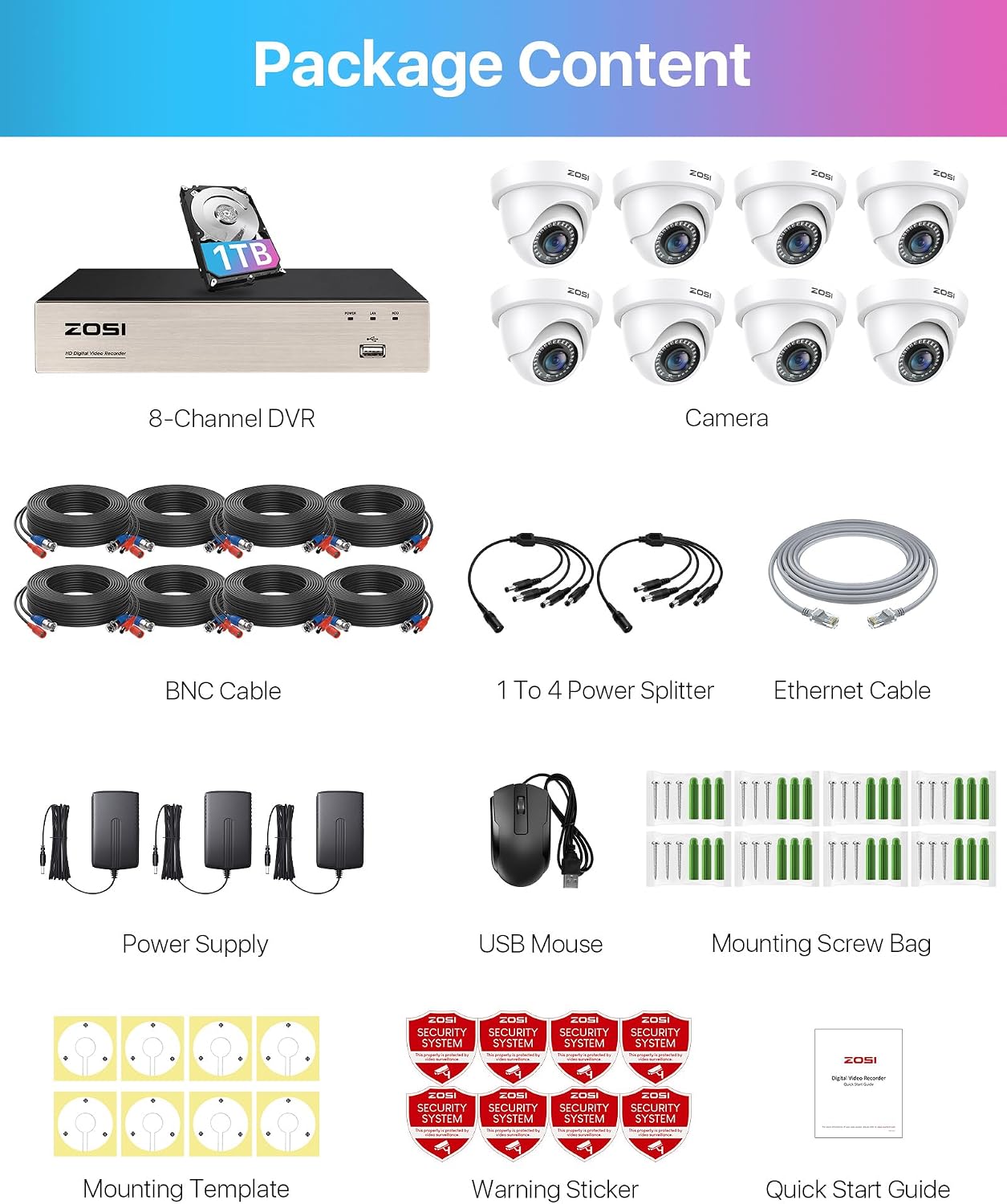 ZOSI 3K Lite 8CH Security Camera System with 1TB HDD,AI Human/Vehicle Detection,80ft Night Vision,H.265+ 8 Channel 1080P HD-TVI DVR Recorder,8pcs 1920TVL Weatherproof CCTV Dome Cameras Indoor Outdoor