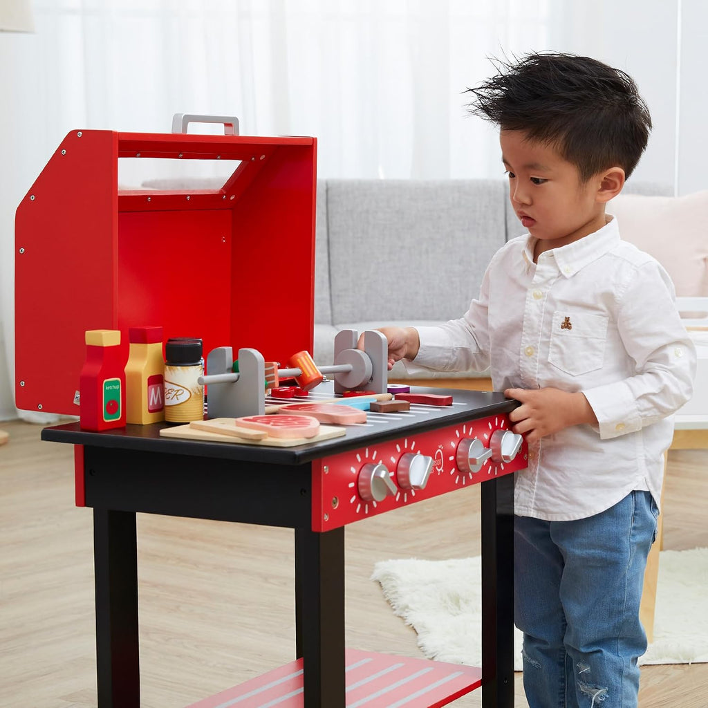 Teamson Kids Little Helper Backyard BBQ Grill Playset 25 Play Cooking Accessories, Pretend Play Kids Kitchen Preschool Playset, Red/Black
