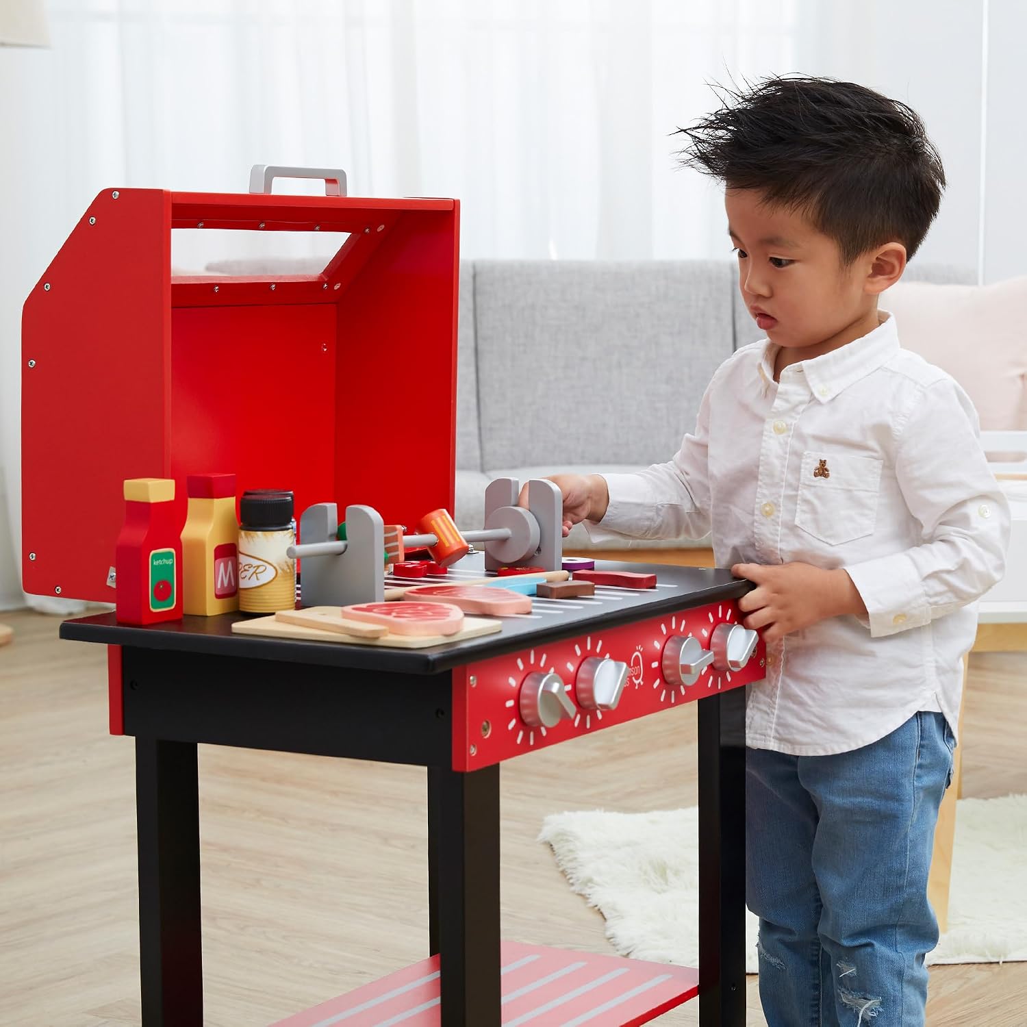 Teamson Kids Little Helper Backyard BBQ Grill Playset 25 Play Cooking Accessories, Pretend Play Kids Kitchen Preschool Playset, Red/Black