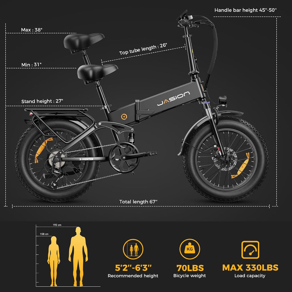 Jasion X-Hunter Foldable Electric Bike for Adults, 1400W Peak Motor, Up to 30MPH 70+Miles, 624Wh Removable Battery, 20″*4 Fat Tires Bicycle, Full Suspension & 7-Speed EBike for Commute, Snow, Mountain
