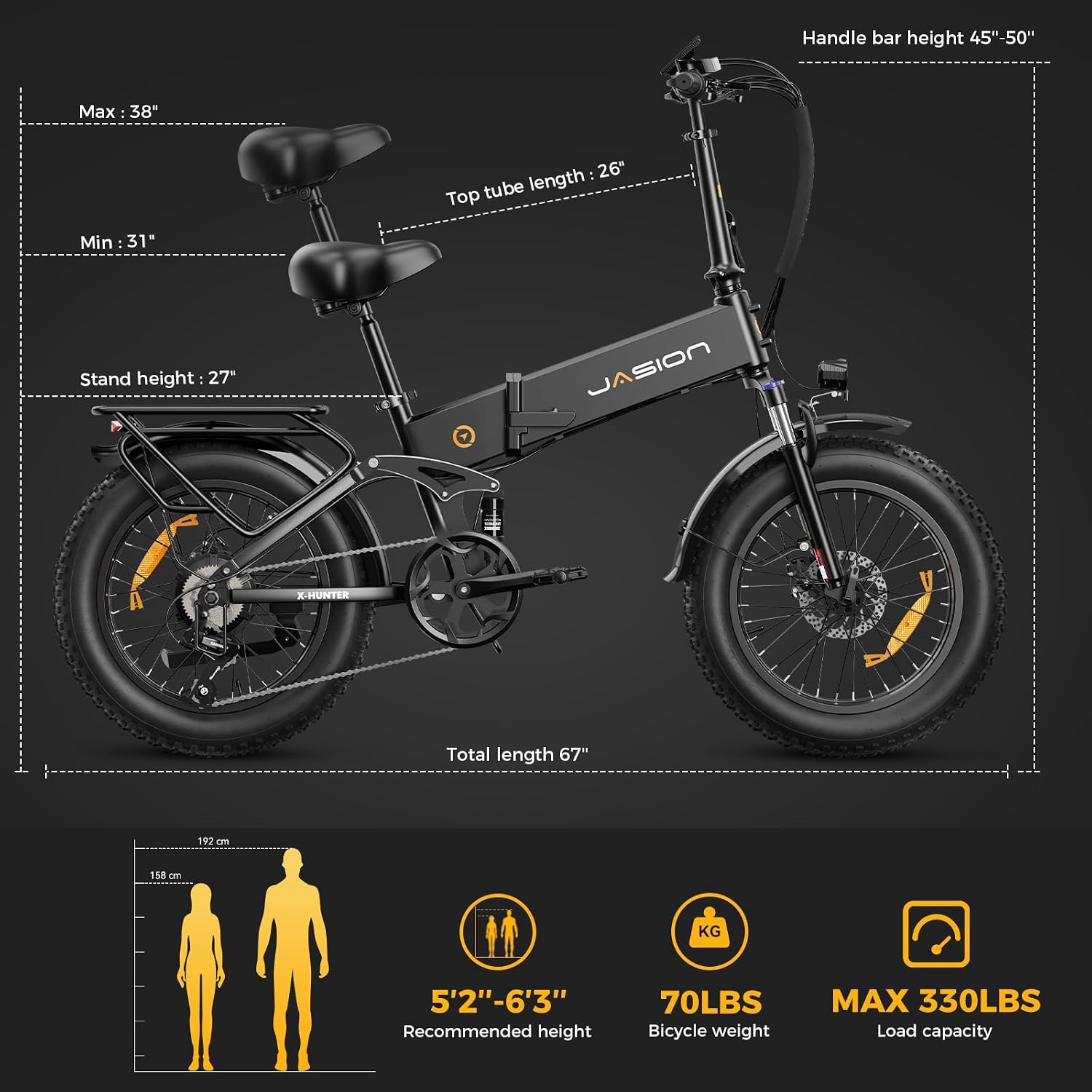 Jasion X-Hunter Foldable Electric Bike for Adults, 1400W Peak Motor, Up to 30MPH 70+Miles, 624Wh Removable Battery, 20″*4 Fat Tires Bicycle, Full Suspension & 7-Speed EBike for Commute, Snow, Mountain