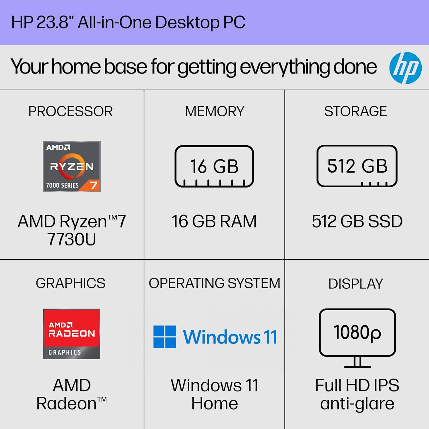 HP 24 inch All-in-One Desktop PC, FHD Display, AMD Ryzen 7 7730U, 16 GB RAM, 512 GB SSD, AMD Radeon Graphics, Windows 11 Home, 24-cr0032 (2024)