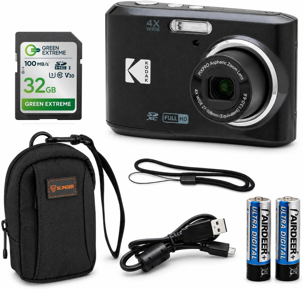 KODAK PIXPRO FZ45-BK 16MP Digital Camera 4X Optical Zoom 27mm Wide Angle 1080P Full HD Video 2.7' LCD Vlogging Camera, Bundle with Camera Case and 32GB SD Card, Kodak 1-Year Limited Warranty. (Black)
