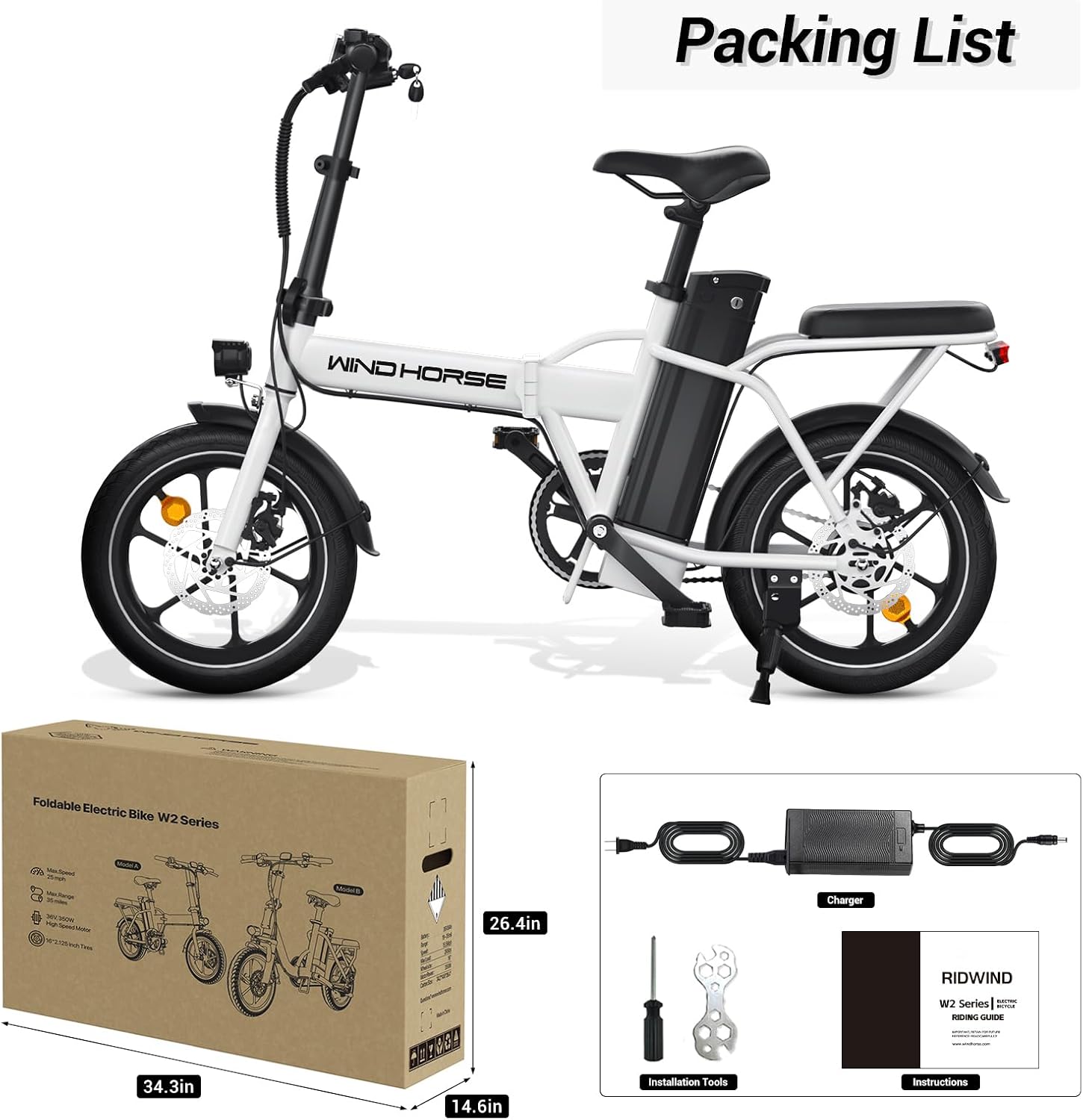 RIDWIND 16' Folding Electric Bike Adults, Peak 630W Adult Electric Bicycles, Up to 25 MPH and 35 Miles Foldable Ebikes, Electric Bike for Teens with 36V 8Ah Removable Battery, UL2849 Certificate