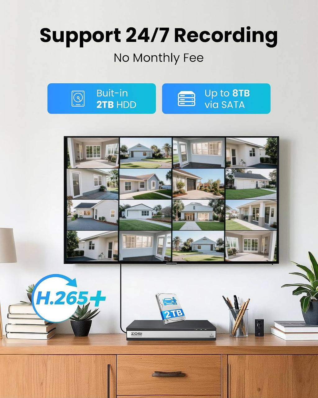 ZOSI 16 Channel Wired Security Camera System with 2TB HDD, 12 x 1080P Indoor Outdoor Metal CCTV Cameras with Audio, AI Human/Vehicle Detection, No Monthly Fee, H.265+ 16CH DVR for Business & Home
