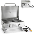 Giantex Portable Gas Grill with 2 Burner, Max. 20,000 BTU total, Folding Legs, Built-in Thermometer, Travel Locks, Stainless Steel Tabletop Propane Gas Grill for Camping Picnic Cookout RV BBQ