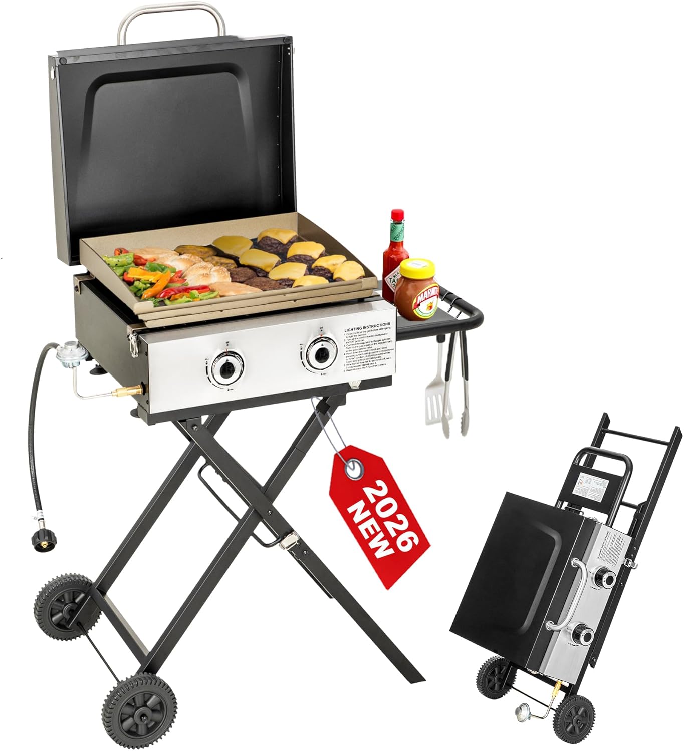 GREEN PARTY 2 Burner BBQ Propane Gas Griddle with Collapsible Stand, 18 Inch Portable Griddle with Side Table & 253 Sq. In. Cooking Area, Flat Top Gas Grill for Outdoor Cooking Garden Patio Backyard