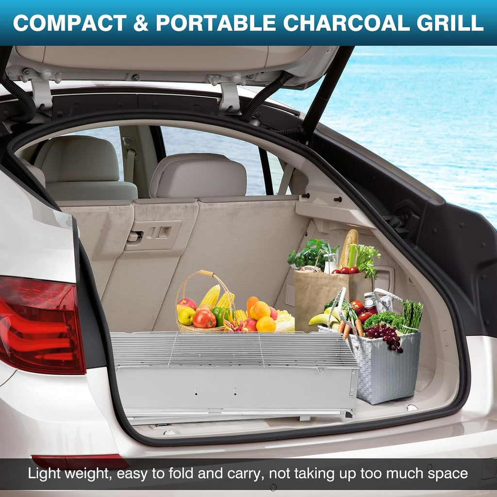 IRONWALLS Portable Charcoal Grill Outdoor Cooking, 32'L x 10'W Folded Camping Barbecue Grill with Storage Shelf, Metal Kebab Skewers, Rectangular Lamb Skewer Grill for Backyard Party Picnic Travel