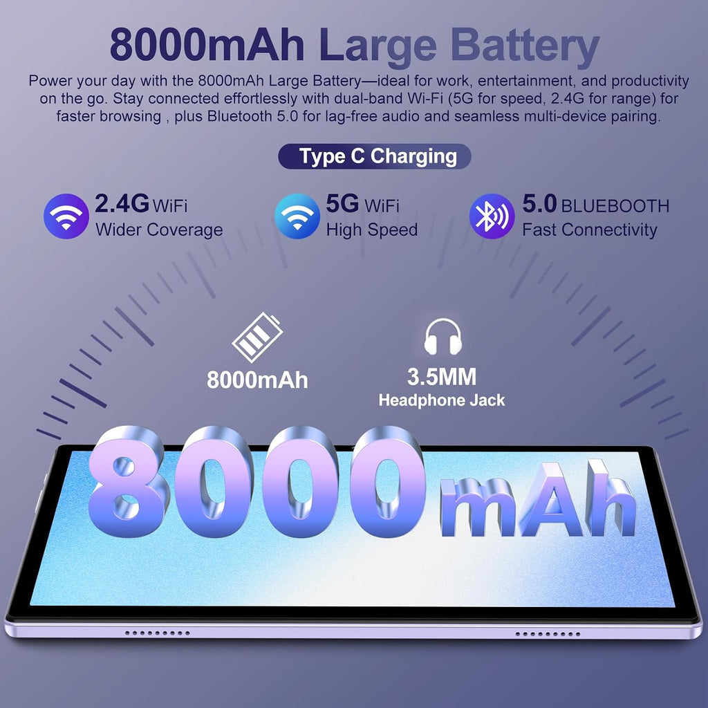 2026 Android 15 Tablet with Keyboard | Gemini AI, 30GB+128GB Octa-Core Electronics Tablets w/ 10 Inch IPS HD Display, 8000mAh, 5G WiFi, 1TB Expand, Mouse+Case, BT 5.0, Widevine L1, Metal Body -Purple