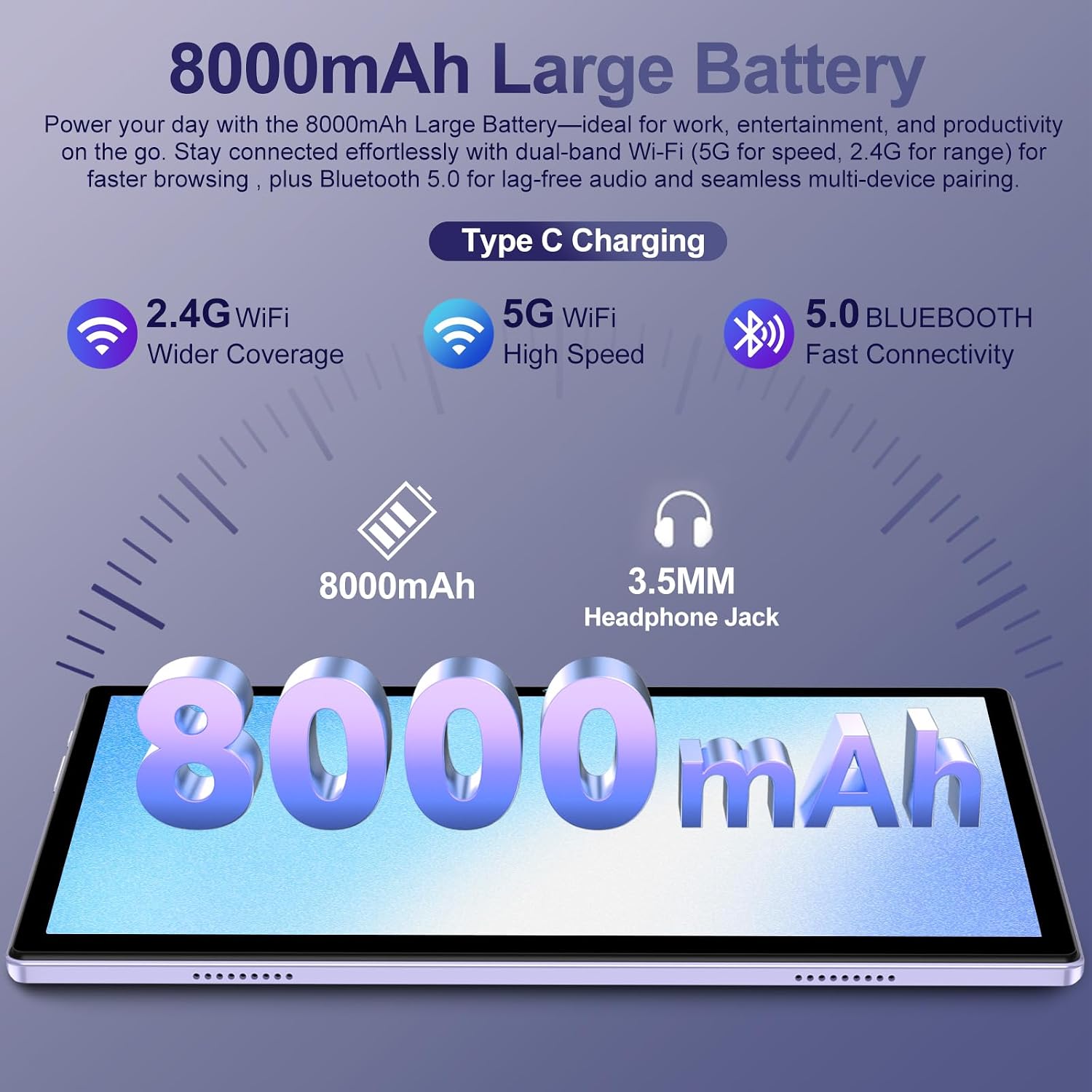 2026 Android 15 Tablet with Keyboard | Gemini AI, 30GB+128GB Octa-Core Electronics Tablets w/ 10 Inch IPS HD Display, 8000mAh, 5G WiFi, 1TB Expand, Mouse+Case, BT 5.0, Widevine L1, Metal Body -Purple