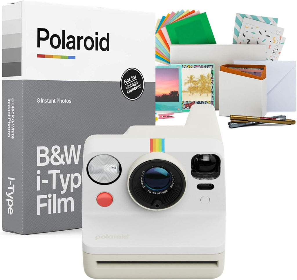 Polaroid Now Generation 3 Analog Instant Camera with Two-Lens Autofocus System (Pebble White) Bundle with Film Kit and Polaroid B and W Film for i-Type Cameras (3 Items)