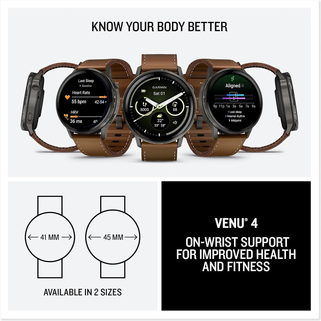 Garmin Venu® 4, 45mm, Advanced Health and Fitness GPS Smartwatch,Bright Colorful Display,Built-in Flashlight,12 Days of Battery Life, Slate with Black Silicone and Brown Leather Band - 2 Bands