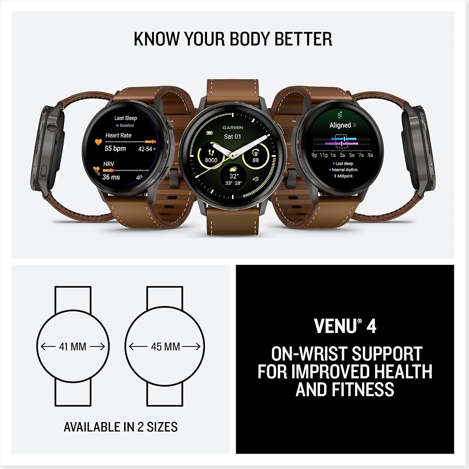 Garmin Venu® 4, 45mm, Advanced Health and Fitness GPS Smartwatch,Bright Colorful Display,Built-in Flashlight,12 Days of Battery Life, Slate with Black Silicone and Brown Leather Band - 2 Bands