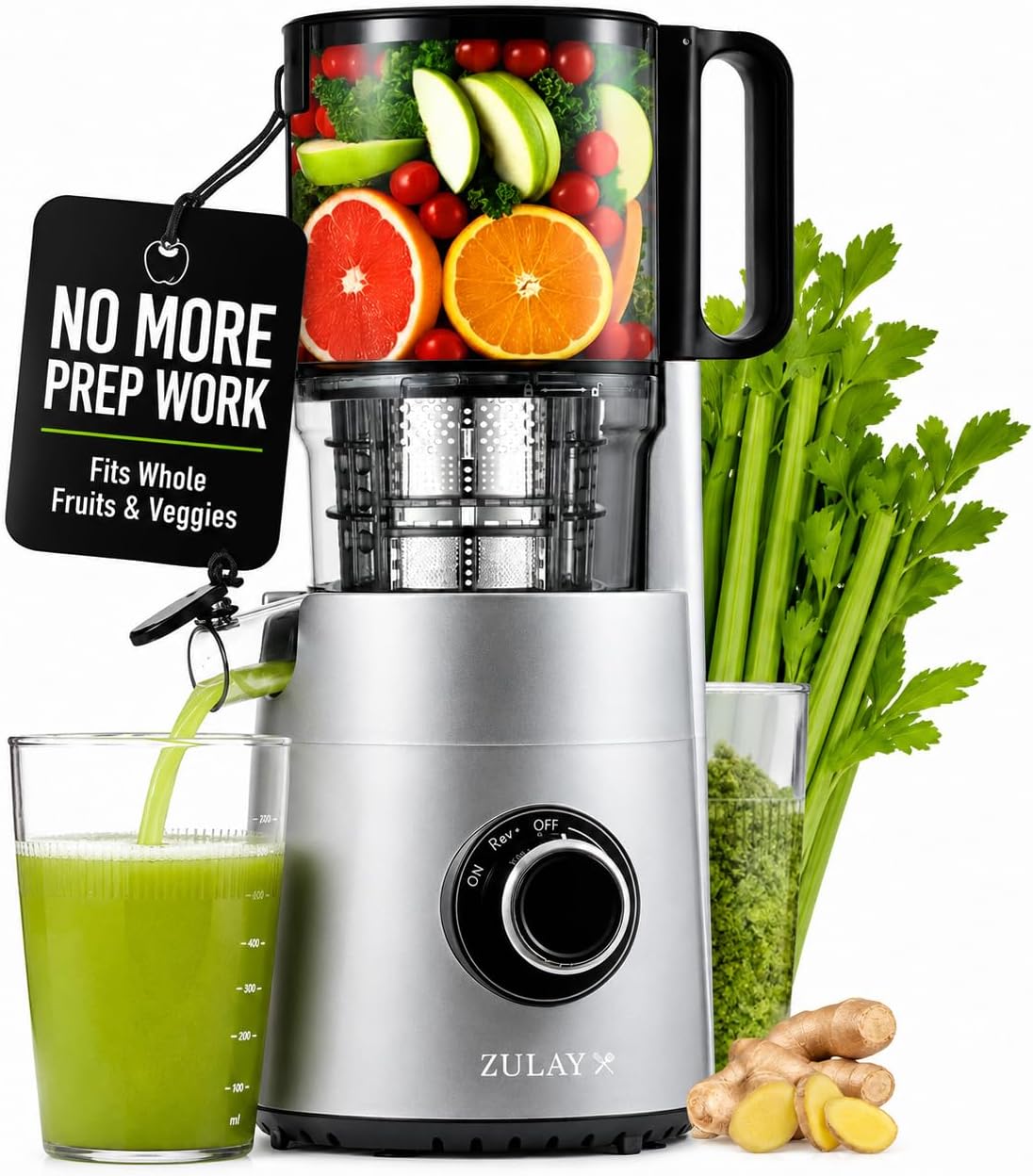Zulay Kitchen Juicer Machine with 5' Wide Feed Chute, Cold Press Slow Masticating Juicer for Whole Fruits & Vegetables, Easy to Clean Stainless Steel Blades, High Juice Yield - Silver