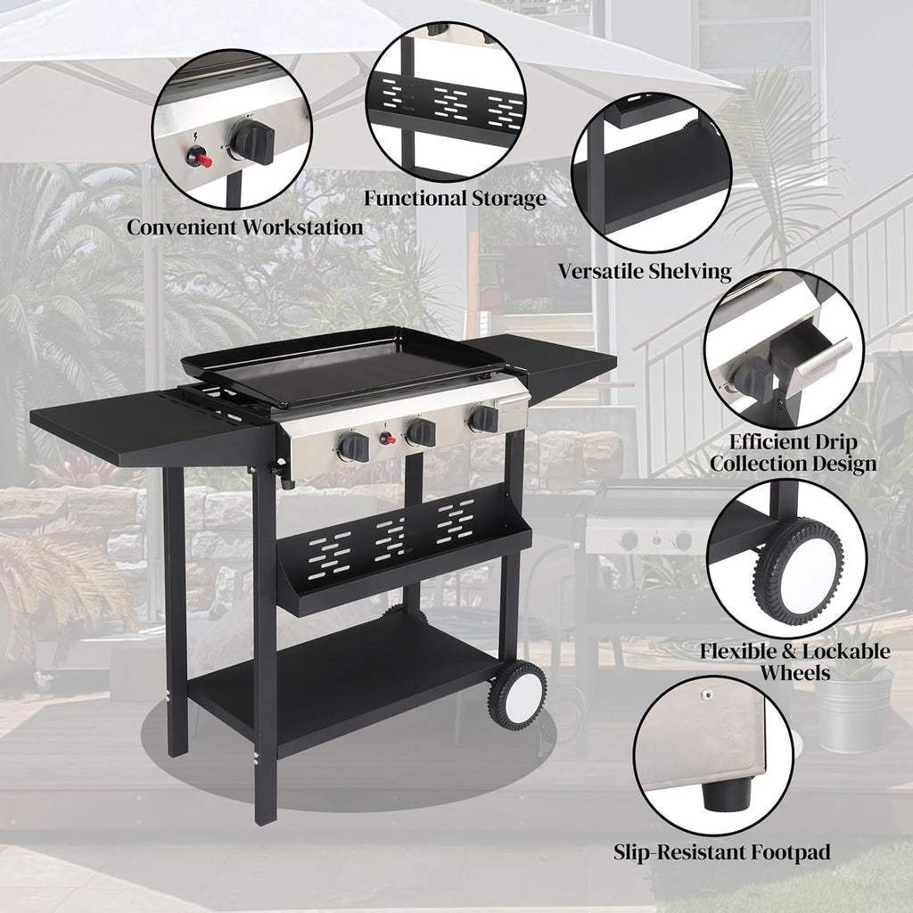 Outvita 3 Burner Propane Griddle, 23.3' Outdoor Flat Top Gas Grill with Side Shelves for Camping BBQ