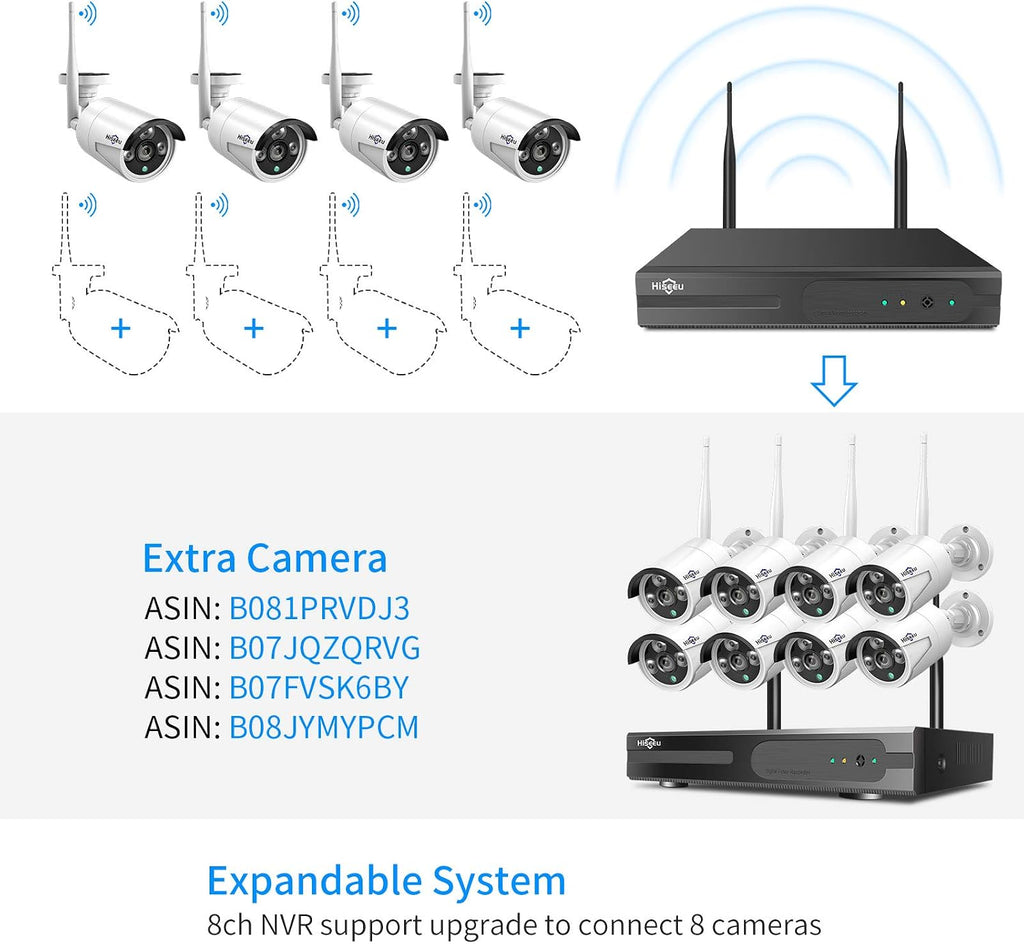 [500G Hard Drive] Hiseeu 5MP Wireless Security Camera System with One-Way Audio,4Pcs 5MP Outdoor/Indoor WiFi Surveillance Cameras, HD Video,Night Vision, Weatherproof,Motion Detection,DC12V Power Cord