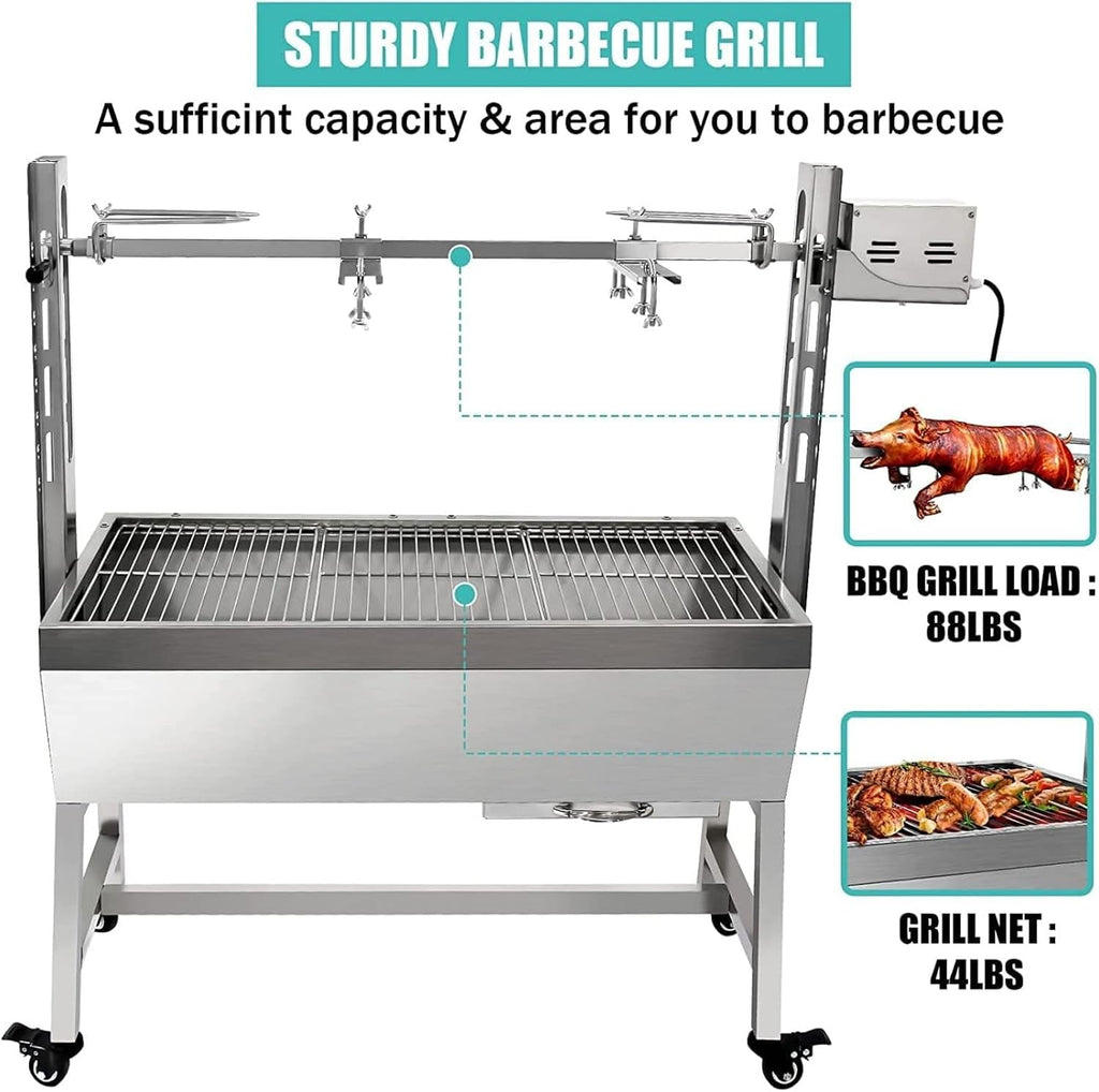 Stainless Steel Rotisserie Grill without Back Cover Guard, 132Lbs Capacity 25W Motor Small Pig Lamb Rotisserie Roaster, 37 Inch BBQ Charcoal Rotisserie Grill for Camping Outdoor