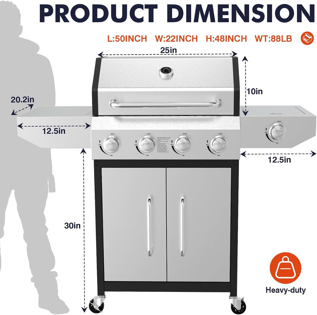 Llamaviva 4 Burner Gas Grill with Side Burner 60000 BTU Propane Flat Top Grill Stainless Steel Outdoor BBQ Grill Portable with Wheels for Patio Camping