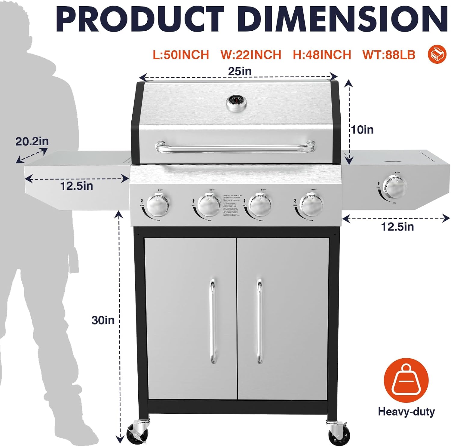 Llamaviva 4 Burner Gas Grill with Side Burner 60000 BTU Propane Flat Top Grill Stainless Steel Outdoor BBQ Grill Portable with Wheels for Patio Camping