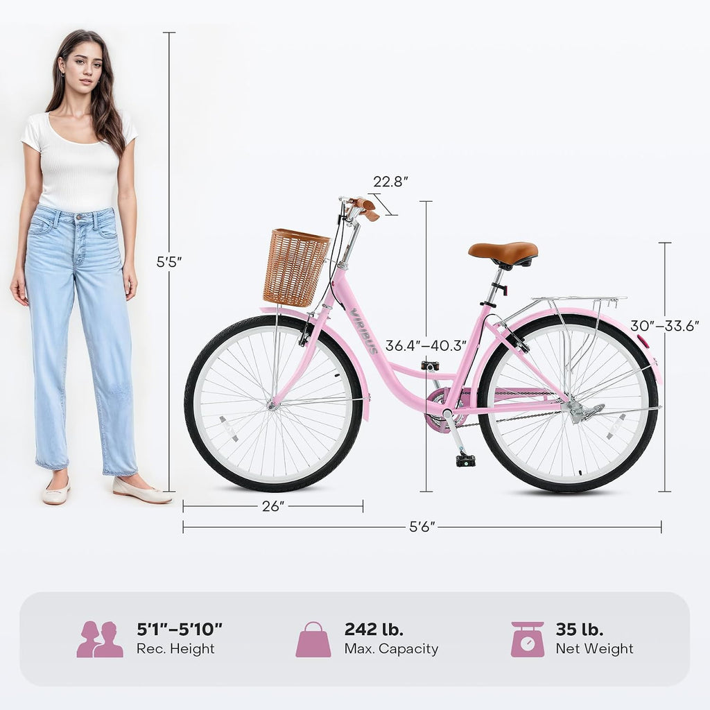 VIRIBUS Beach Cruiser Bike for Women, Single Speed Womens Bike with Basket & Rack 24 26 inch, Retro Step Through Cruiser Bicycle for Petite Short Women Female Ladies City Commuter, 330 lb.
