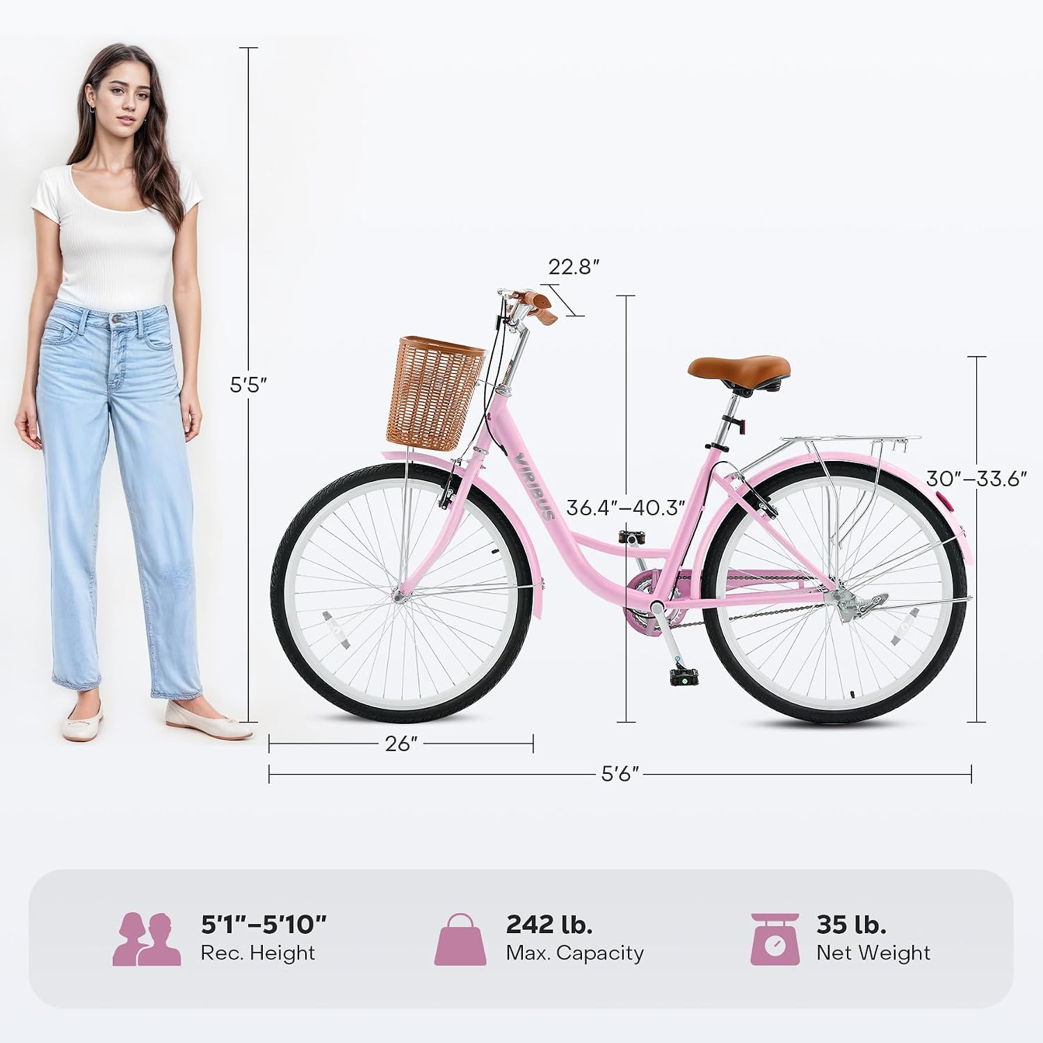 VIRIBUS Beach Cruiser Bike for Women, Single Speed Womens Bike with Basket & Rack 24 26 inch, Retro Step Through Cruiser Bicycle for Petite Short Women Female Ladies City Commuter, 330 lb.