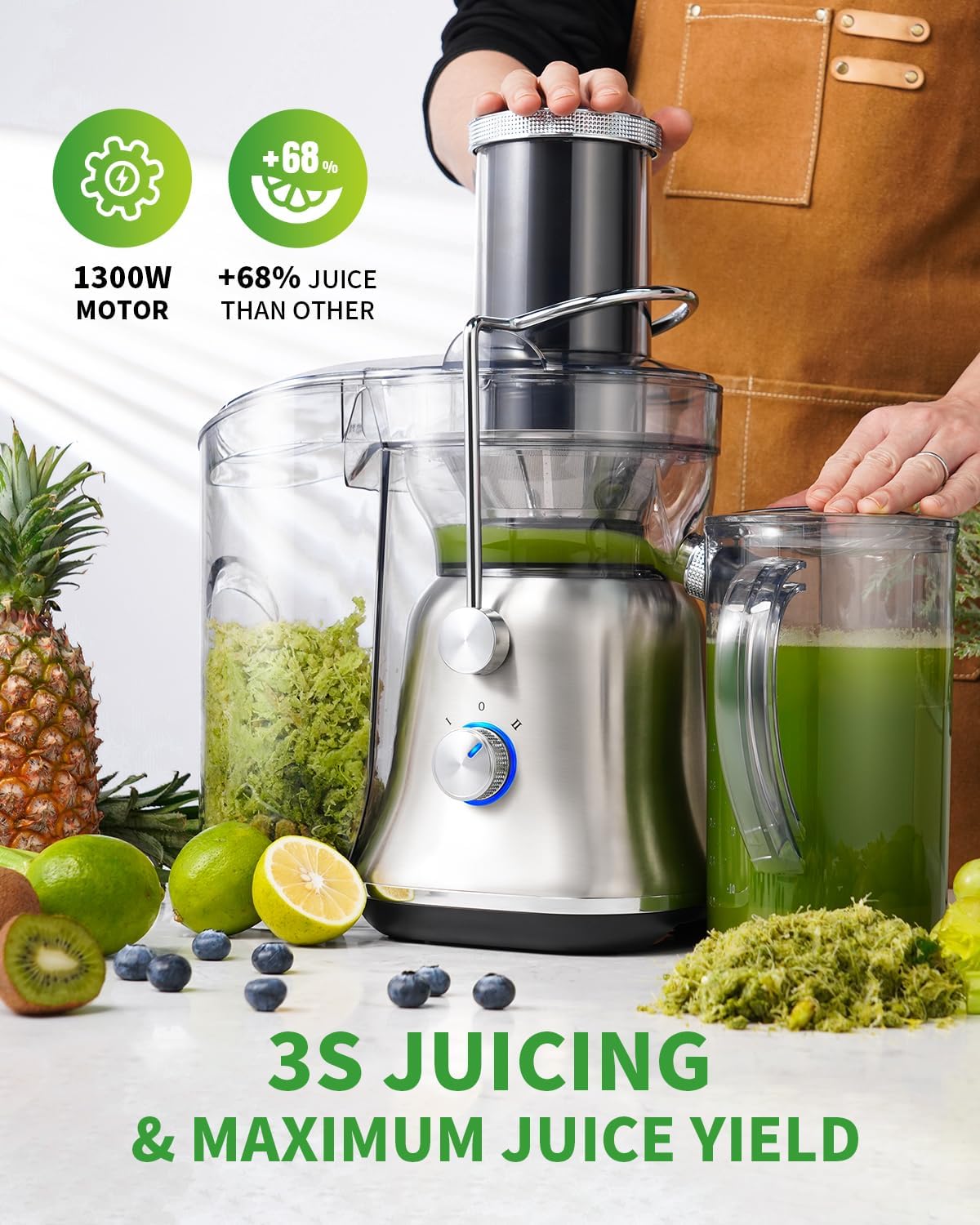 GDOR 1300W Powerful Juicer with Larger 3.4' Feed Chute, Titanium Enhanced Cutting System, Centrifugal Juice Extractor Maker with Heavy Duty Full Copper Motor, Dual Speeds, BPA-Free, Silver