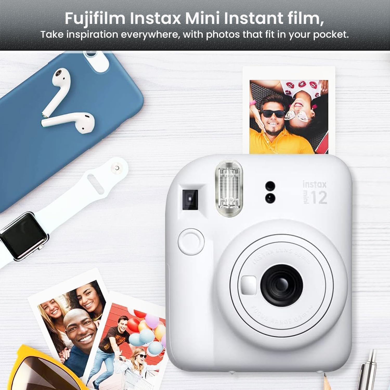 Fujifilm Instax Mini 12 Instant Camera (Clay White w/ 2X Twin Packs)