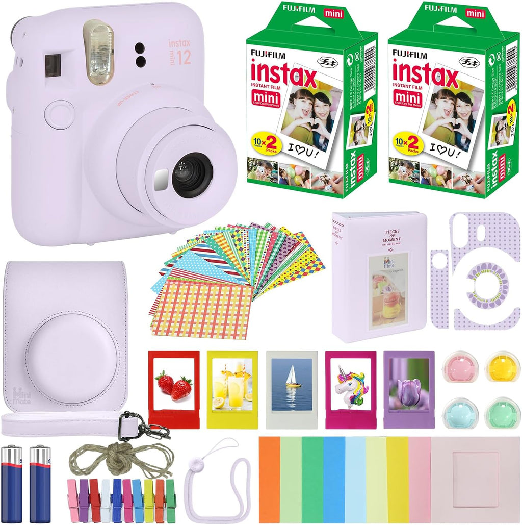 Fujifilm Instax Mini 12 Instant Camera Lilac Purple + Carrying Case + Fuji Instax Film Value Pack (40 Sheets) Accessories Bundle, Color Filters, Photo Album, Assorted Frames