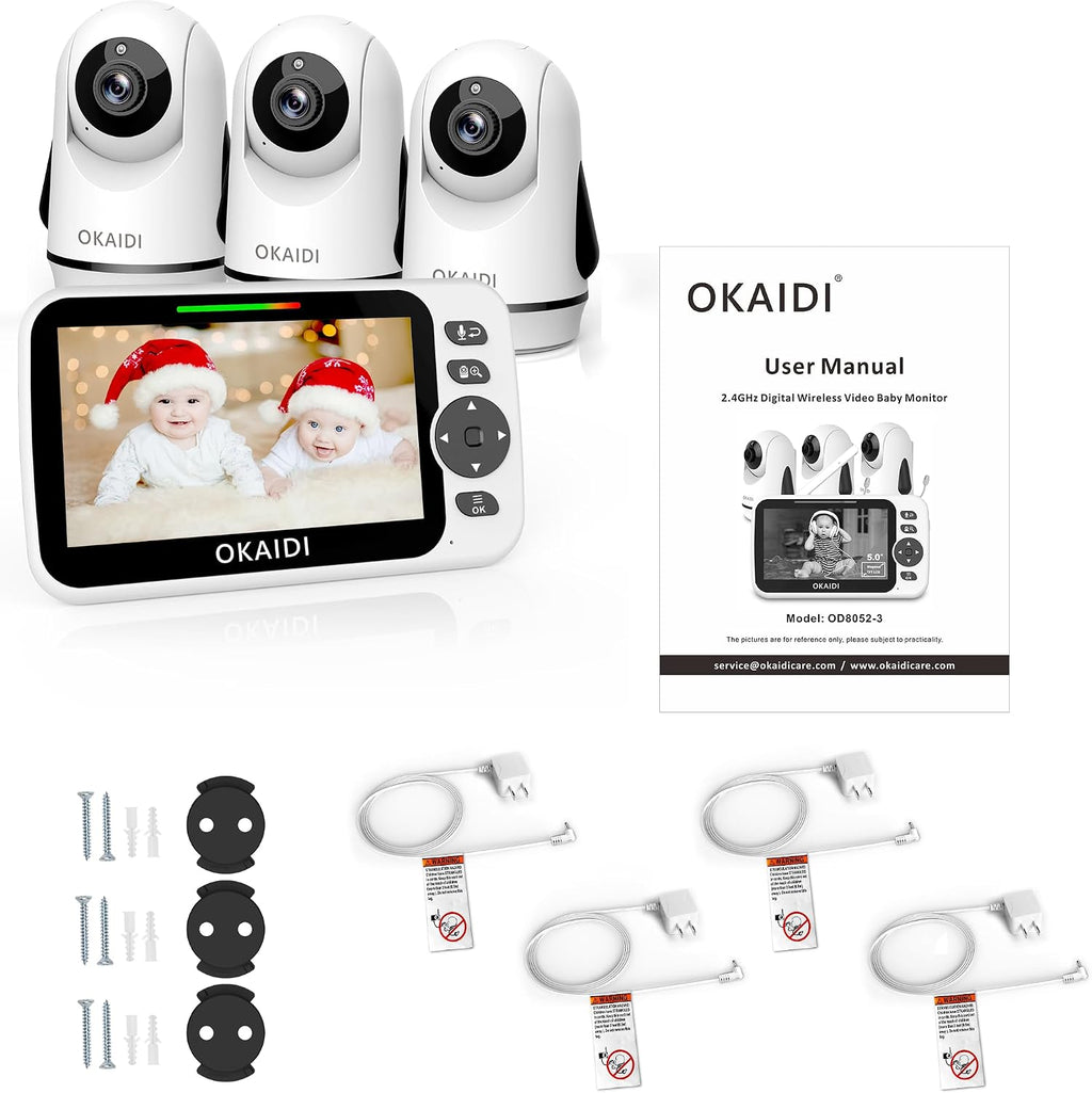 OKAIDI Video Baby Monitor with 3 Cameras, 5' Display Baby Monitor No WiFi, 30H Battery and 1000ft Range, 2-Way Talk, 8 Lullabies, Remote Pan-Tilt-Zoom Baby Camera for Baby/Pet/Elderly