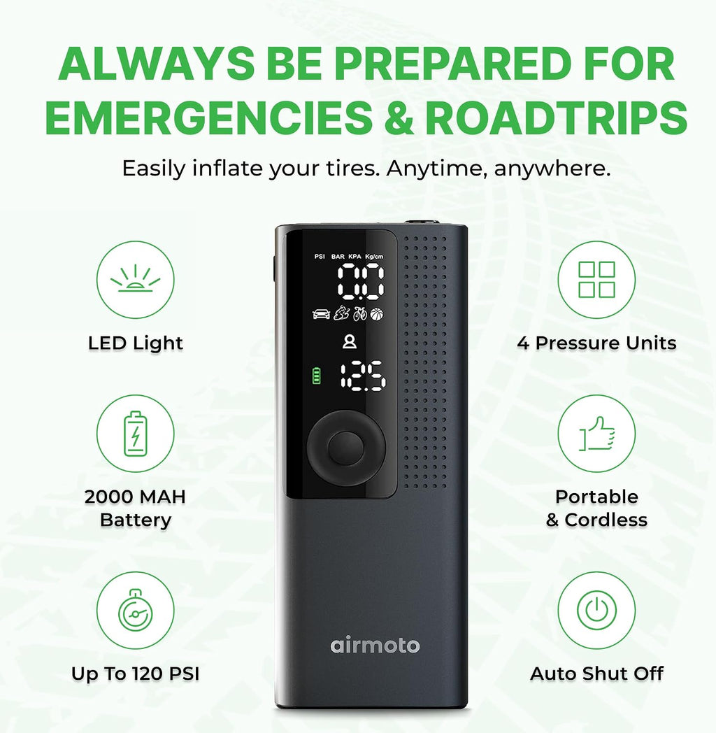 Airmoto Tire Inflator Portable Air Compressor - Air Pump for Car Tires with Digital Pressure Gauge, LED Light and Auto Shut-Off Function - Cordless Pump for Car, Motorcycle, Bicycle, Ball (Pack of 4)