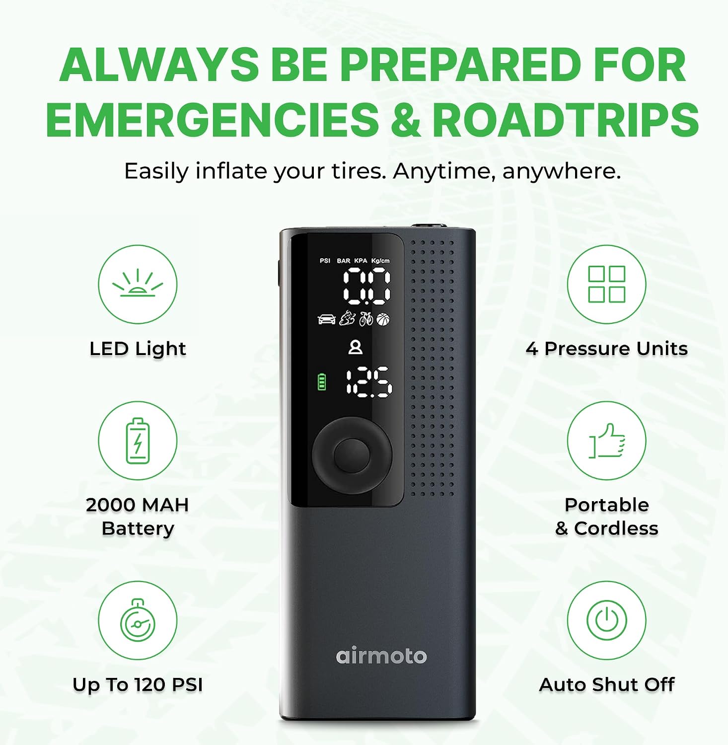 Airmoto Tire Inflator Portable Air Compressor - Air Pump for Car Tires with Digital Pressure Gauge, LED Light and Auto Shut-Off Function - Cordless Pump for Car, Motorcycle, Bicycle, Ball (Pack of 4)