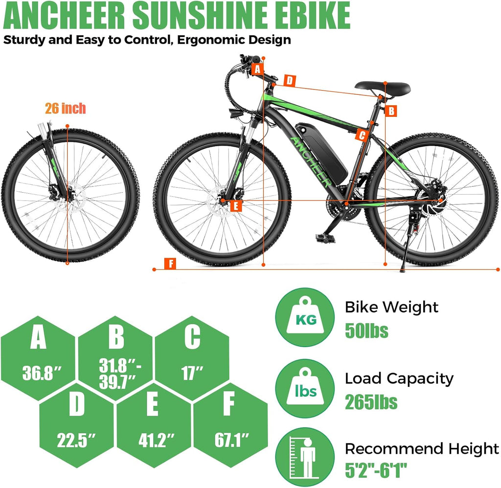 ANCHEER 26' Electric Bike for Adults, [Peak 749W Motor] Electric Mountain Bike, 19.8MPH Commuter Ebike, 50 Miles Adults Electric Bicycle with 48V/374Wh Battery, LCD Display, 21 Speed, Front Suspension