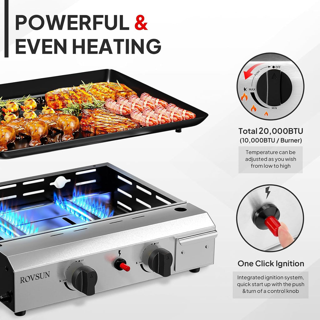 ROVSUN 20000 BTU Foldable Flat Top Gas Grill with Wheels & Enameled Tray, 2 Burner Portable Propane Griddle with Electronic Ignition & Regulator for Outdoor Cooking Camping BBQ Tailgating Picnicking