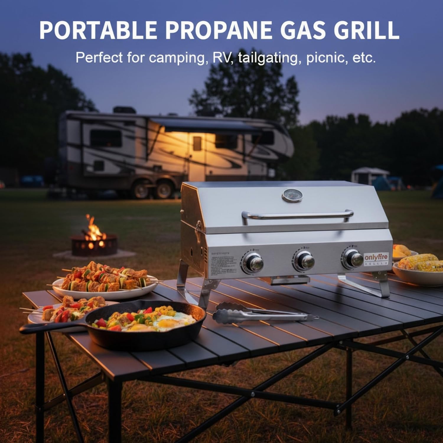 Tabletop Gas Grill 3 Burners, Portable Propane BBQ Grill with Foldable Legs & 22' Stainless Steel Grate for Outdoor Patio Backyard Barbecue, Camping Tailgating RV, 24000BTU High Output, Classic GS307