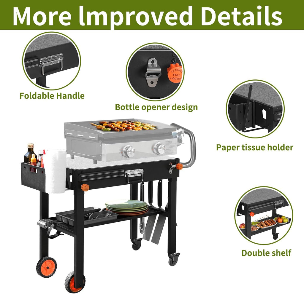 Portable Outdoor Grill Table, Blackstone Grill Stand Solid and Sturdy 31'W x 17'D, Movable Kitchen Cooking Prep BBQ Cart with Wheels, Folding Cart for Ninja, Blackstone Griddle 17'/22' etc