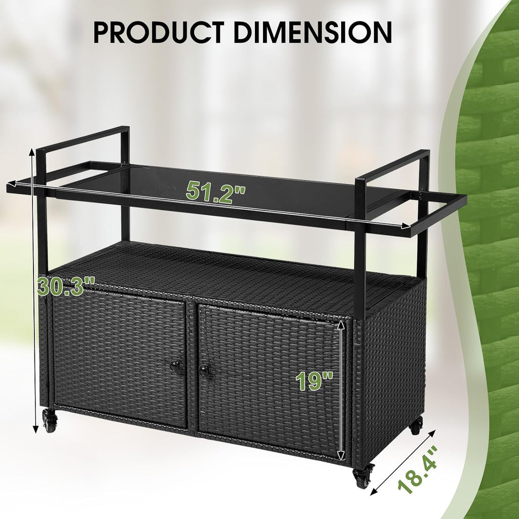VINGLI Wicker Outdoor Bar Cart with Storage and Wheels, Outdoor Bar Table Serving Cart Rattan Bar Cart with Glass Top and Shelf for Pool, Party, Backyard, Porch (Black)