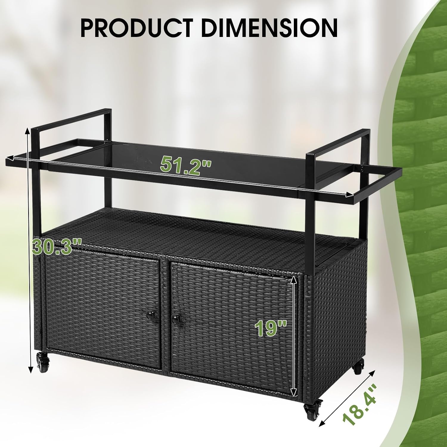 VINGLI Wicker Outdoor Bar Cart with Storage and Wheels, Outdoor Bar Table Serving Cart Rattan Bar Cart with Glass Top and Shelf for Pool, Party, Backyard, Porch (Black)