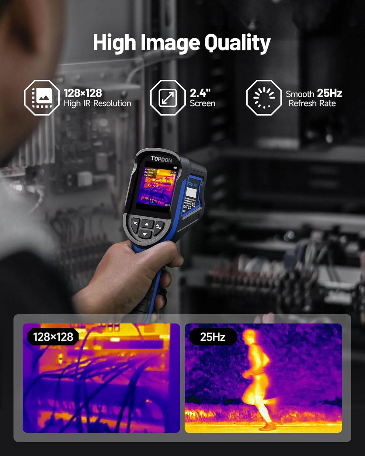 TOPDON TC004 Mini Thermal Imaging Camera, 240 x 240 TISR Resolution, 15-Hour Battery Life, 128 x 128 IR Resolution, 25Hz Handheld Infrared Camera with High/Low Temp Alerts, Auto Shutdown- Blue